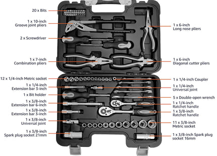 Amazon Basics 65-Piece General Household Home Repair and Mechanic's Hand Tool Kit Set with Storage Case, Portable, Non-Slip Handles, Black