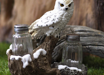 Pacific Giftware Snowy Owl Perching On Tree Branch Spiritual Realistic Decorative Glass Salt and Pepper Shakers Set with Resin Holder