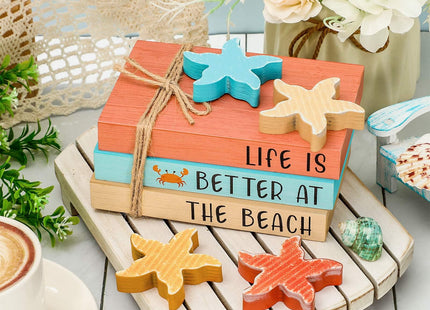 Whaline 7 Pcs Summer Decoration Beach Wooden Tiered Tray Decor Mini Faux Stacked Books Starfish Decorative Table Centerpiece Block Signs for Party Home Kitchen Dining Table Decor