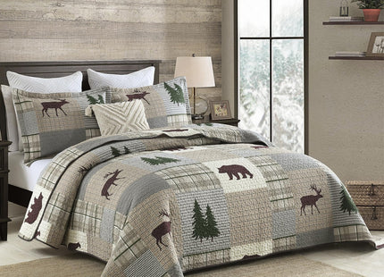 Uniclinens Quilt Set Queen Size, Cotton Quilted Quilt Bedding Set Bedspread, Bear Tree Elk Farmhouse Rustic Quilt, Patchwork Plaid Comforter Set, 3 Pieces Set with 2 Pillowshams, Brown/Grey/Green