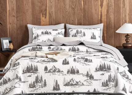 Wake In Cloud - Rustic Quilt Set, Cabin Forest Woodland Camping Theme with Lodge Mountain Print, Reversible Lightweight Bedspread Coverlet, 3 Pieces, Grey White, Queen/Full Size