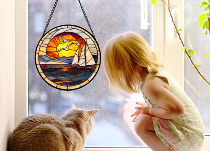 Ocean Sailboat At Sunset Stained Glass Window Hanging Suncatcher Gifts 7.8"