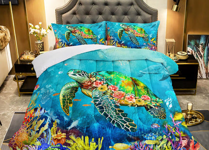 XYNHML Kids Turtle Rose Comforter Set Queen Beach Theme Jellyfish Starfish Bedding Set Sea Animal Reptile Bed Set with 2 Pillowcases for Boys Girls Room Decor