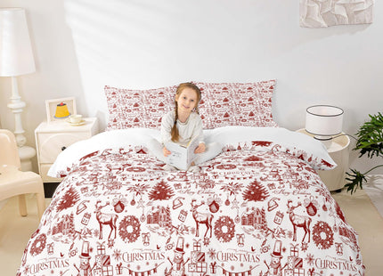 Merry Christmas Duvet Cover Set Full Size,Xmas Tree Snowman Elk Comforter Cover Rustic Cabin Bedding Set 3Pcs for Kids Teens Girls Boys Bedroom Decor Sketch Red Beige Quilt Cover,2 Pillowcases
