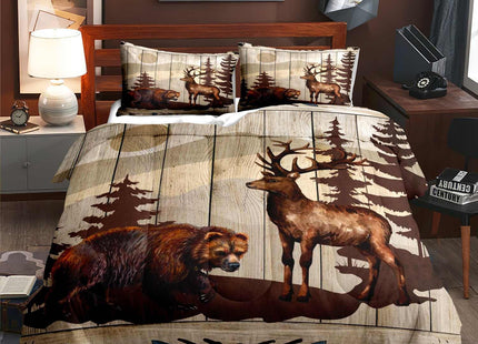 LUVIVIHOME 2PCS Brown Bear Deer Comforter Set Twin Size, Rustic Cabin Bedding, Pine Tree Forest Animal Elk Moose Wildlife Country Lodge Farmhouse Quilt, Hunting Gifts for Men Hunters, 1 Pillow Sham