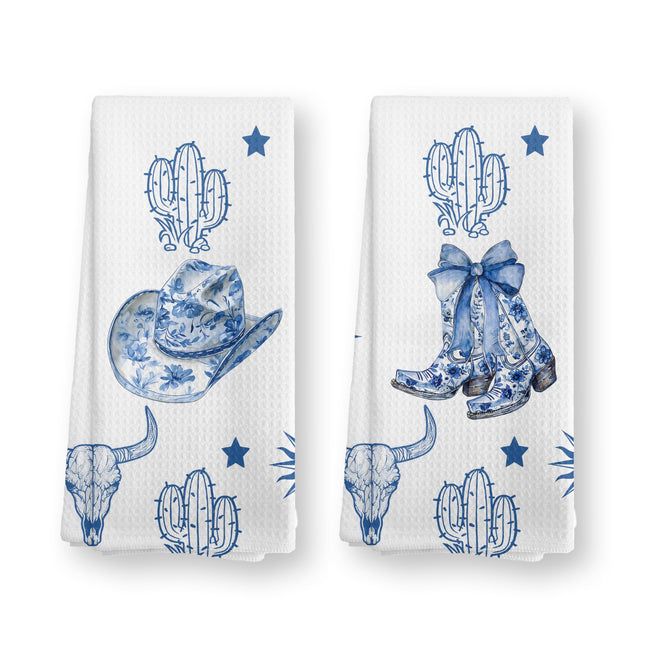 TopXmai Blue Chinoiserie Western Kitchen Towels Set of 2, Trendy Western Coastal Cowgirl Boot Hat Cactus Dish Tea Towels for Kitchen Decor, Country Southwest Hand Towel for Bathroom Decor, 16x24 Inch