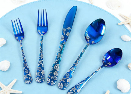 20 Pieces Stainless Steel Flatware Set for 4 People Knives Forks Spoons Set, Seashell Design, Ocean Nautical Seashell Summer Party Blue Silverware Mirror Polish and Dishwasher Safe (20, Blue Seashell)