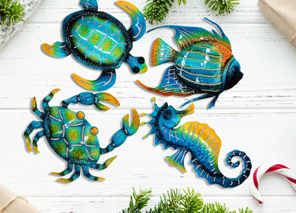 Meduofon Set of 4 Metal Outdoor Wall Art Decor, Blue Turtle Fish Crab and Seahorse Suitable for Beach Ocean Pool Decor, Metal Yard Fence Garden Children Room Bathroom Livingroom Wall Decoration