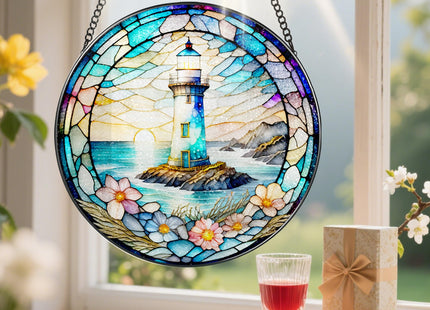 Stained Glass Window Hanging, Pauyadu Lighthouse Sun Catchers, Stained Glass Suncatcher, Lighthouse Decor Gifts for Women, Men, Lovers, Friend, Family and Partners- 8 Inch