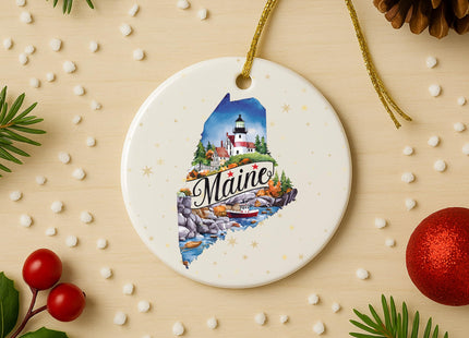 USA State Landmark Ceramic Ornament – Round Glossy Christmas Decoration Featuring U.S. State Art, Landmarks & Holiday Scenery – Collectible Travel Souvenir Ornament Series (Maine)
