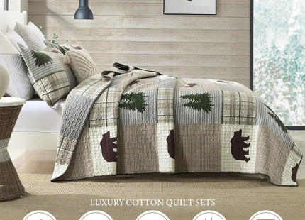 Uniclinens Quilt Set Queen Size, Cotton Quilted Quilt Bedding Set Bedspread, Bear Tree Elk Farmhouse Rustic Quilt, Patchwork Plaid Comforter Set, 3 Pieces Set with 2 Pillowshams, Brown/Grey/Green