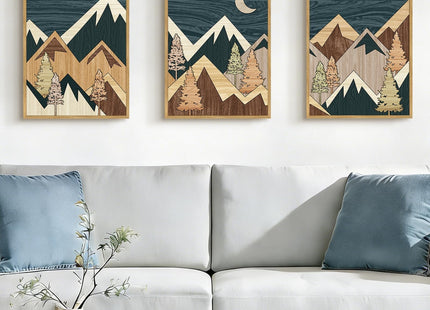 PHOPAGO Morden Mountains Framed Wall Art Boho Woodcut Pine Tree Forest Nature Landscape Artwork Bohemain Farmhouse Rustic Bedroom Home Decor - 12x16in Natural Framed