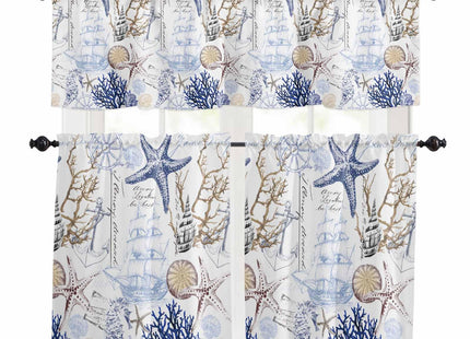 Teamery Sea Starfish Kitchen Curtains Valances for Windows Nautical Ocean Seahorse Short & Drapes 3pcs Blackout Rod Pocket and Set Tier Curtain Bathroom Bedroom Oceantmy1922