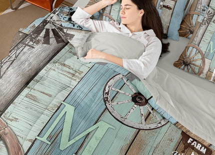 Erosebridal 7 Piece Farmhouse Bedding Country Rustic Cabin Twin Comforter Set with Sheets,Western Wooden Board Wheel Bed in A Bag for Kids Adults,Pastoral Planks Bed Sets Teal Brown Home Decor