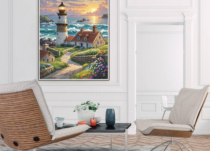 5D Ocean View Lighthouse Diamond Painting Kits For Adults Beginner,DIY Sunset,Housing,Flowers Diamond Art Kits For Adults,Round Full Drill Diamond Dots With Gem Art kits,Home Wall Decor 12X16inch