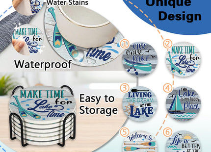 Paayna Lake Life Ceramic Coasters with Holder Set of 6, Lake House Boat