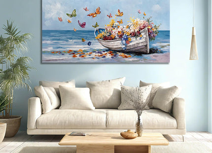 GAIDUOMAI Coastal Wall Art Butterfly and Flowers Pictures Wall Decor Wooden Boat Beach Wall Painting for Office Landscape Art for Dining Room Bedroom 24x48 Inch