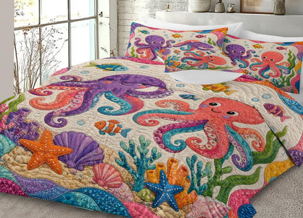Sleepwish Octopus Ocean 4 Pieces Comforter Set, Playful Sea Animal Bedding with Fish Coral Shell Starfish Artwork, Soft Marine Coastal Bed Cover for Kids Room Full