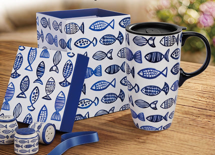 Topadorn 17oz Coastal Ceramic Travel Mug with Handle, Fish Folk Art