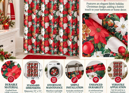 Christmas Vintage Poinsettia Pinecone Fabric Shower Curtain for Bathrooms