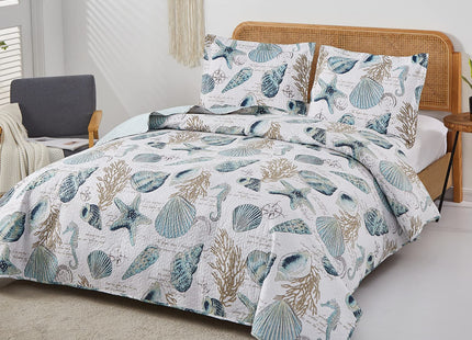 Jarson 3 Pcs Coastal Quilt Set King Size Lightweight Summer Bedspreads Beach Conch Seashell Coverlet Set Ocean Theme Microfiber Reversible Bedding Set (1 Quilt +2 Pillow Shams, Yellow Green)