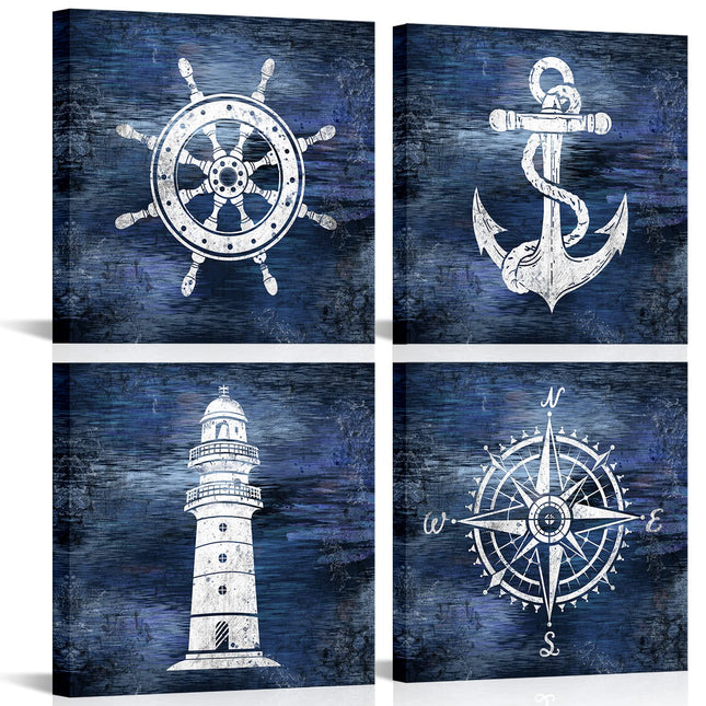 LoveHouse Rustic Nautical Wall Art Boat Anchor Paintings Helm Drawing Compass Print Lighthouse Home Decor Pictures Navy Blue Artwork for Bathroom Living Room Ready to Hang 12x12 Inchx4 Piece