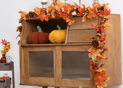 Super Holiday 6FT Fall Garland, Fall Maple Leaf Garland Decor with Velvet Pumpkin/Pine Cone, for Home Autumn Harvest Thanksgiving Fireplace Front Door Indoor Outdoor Holiday Party Decorations.