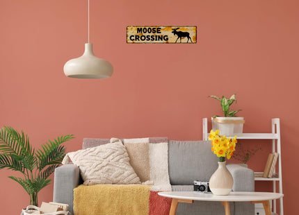 WSUPBPR Funny Metal Sign Decor Moose Crossing Road Signs Warning Sign Outdoors Wall Fence Forest Decor coffee Bar Art 16x4 in
