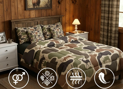 Erosebridal Camo Deer Comforter Set 7 Pcs Camouflage Hunting Deer Bedding Sets for Kids Teens Green Military Army Camo Bed in A Bag Queen Country Hunter Wildlife Sheet Set with Comforter