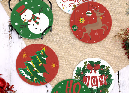 Christmas Coasters with Metal Holder Idea Round Absorbent Ceramic Stone Coasters Winter Holidays Christmas Tree Reindeer Santa Joy Snowman Gingerbread Cup Place Mat 4 Inches