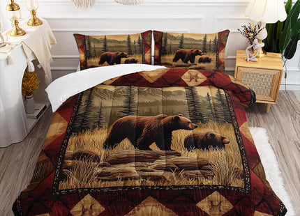 XYNHML Rustic Bear Wild Hunt Animal Comforter 3Pcs Queen Natural Forest Wildlife Brown Bear Bedding Set for Kid Teen Boy Girl Adult Retro Mountain Lake Quilt Decor with 1 Comforter and 2 Pillowcases