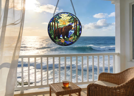 Argodaze Stained Glass Window Hanging - A Black Bear is Walking in The Forest 6.3 Inches Suncatcher for Garden Home Decor for Women Mom Grandma Friends