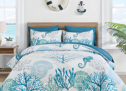 WONGS BEDDING Coastal Comforter Set Queen, Beach Themed Comforter,7 Pieces Ocean Nautical Seaweed & Starfish Bed in a Bag (90"×90")
