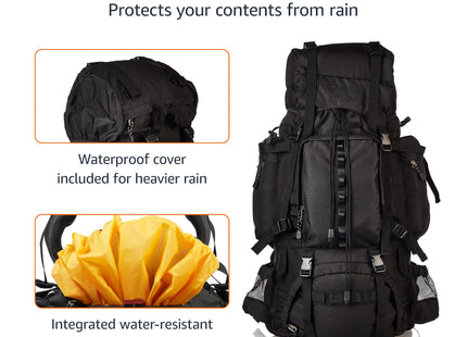 Amazon Basics Internal Frame Hiking Backpack for Camping and Backpacking, Adjustable Straps, Rainfly Included, 75 Liters, Black