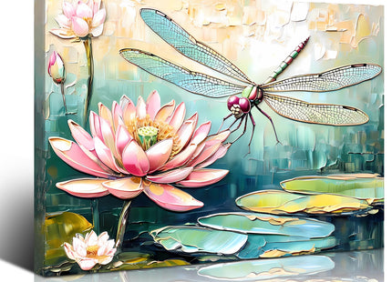 Framed Dragonfly Wall Art,Dragonfly Lotus Floral Oil Painting Wall Art