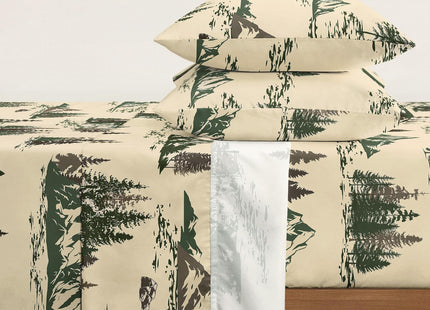 Wake In Cloud - Rustic Bed Sheets, 4-Piece Sheet Set, Cabin Forest Woodland Camping Theme with Lodge Mountain Pattern Printed Bedding, Deep Pocket, Green Brown, Queen Size