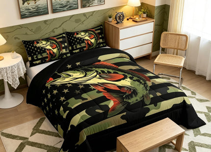 Castle Fairy Bass Fish Camouflage Full Size Comforter Set Farmhouse Fishing Bedding Set for Kids Adults Teens Retro Green Camo Comforter Luxury Bass Fish Pattern Quilt Set Room Decor 3Pcs