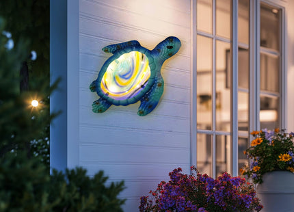 LIFFY Sea Turtle Decor Ocean Nautical Beach Wall Art Metal Glass Sea Turtle Bathroom Decor with LED Fairy Lights, 15" Indoor Outdoor Wall Art Sculpture for Patio,Pool,Beach,Garden,Yard,Home Gift
