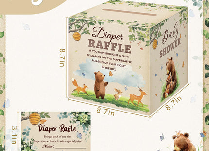 LANLISA Woodland Theme Baby Shower Games, Woodland Animals Diaper Raffle Card Box with Tickets for Baby Shower Party Decorations
