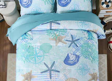 Xruibed Coastal Comforter Set Queen Size, Beach Coral Themed Bed in a Bag, 7 Pieces Ocean Nautical Seaweed & Starfish Soft Summer Comforter Bedding Sets for All Seasons(90"×90")