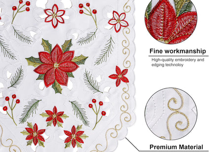 Joyfol Day Christmas Florals Table Runner 14 x 33 Inch, Embroidered Cutwork Poinsettia Holly Leaves Table Runners, Winter Holiday Flowers Tabletop for Xmas Party Decorations