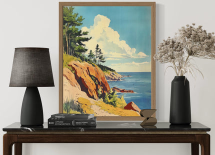 Maine Rocky Coastlilne Wood Framed Wall Art Print Poster, State Painting Photo Artwork Wall Decor Nature Landscape Bedroom Bathroom Living Room 165C (Maine Rocky Coastlilne, 14"L x 11"W, Wood Frame)