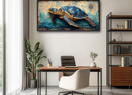 Large Nautical Turtle Wall Art for Living Room, Coastal Ocean Canvas Oversized Wall Decor, Beach Aesthetics Framed Pictures Painting Print Artwork for Bedroom Office 60L x 30W