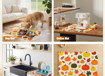CQKEDMA Scalloped Dish Drying Mats for Kitchen Counter, Fall Pumpkins Maple Leaf, Cute Coffee Bar Mat for Countertop, Diatomite Absorbent, Kitchen Aesthetic Decor (16"x24", Fall Pumpkins Maple Leaf)