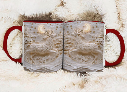 Elegant Reindeer Mug - Winter Moon and Forest Scene - Unique Christmas Ceramic Coffee Cup Gift Idea, 11oz Red
