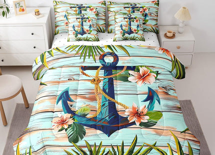Erosebridal Boat Anchor Bed in a Bag Queen Comforter Set 7 Piece,Nautical Rope Bedding Sets Palm Leaves Flowers Sheet Set with Comforter