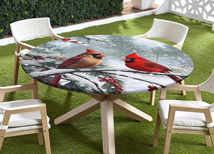 Christmas Red Bird Round Fitted Tablecloth with Elastic Edge,Water-Resistant Wipeable Winter Xmas Cardinal Bird Berry Table Cover for 40-44" Stretch Table Cloth for Dinner Indoor Outdoor Party