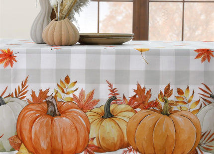 Softalker Fall Tablecloth Rectangle, Grey Buffalo Plaid with Pumpkins