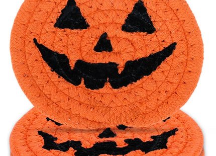 Whaline 4Pcs Halloween Pumpkin Handmade Braided Cotton Coasters Orange Black Pumpkin Shape Drink Coasters Absorbent Cup Mat for Home Office Party Decor, 4.7 Inch