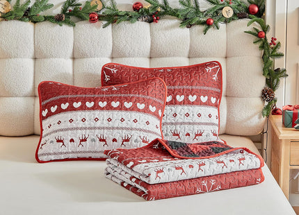 Christmas Quilt Set King Size 101x88 - White Stripes Red Deer Snowflake Cubes Gray Heart with Red Plaid - Xmas New Year Gingham Style Microfiber Winter Bedding Coverlet Thanksgiving Holiday Bedspread